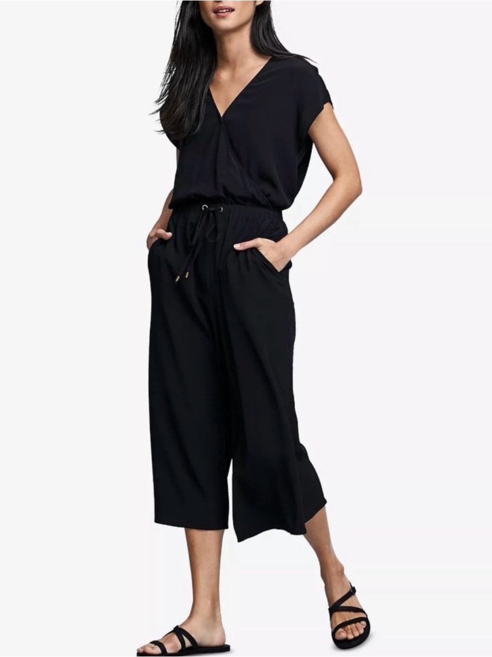 EILEEN FISHER Black Cropped Surplice Wrap Wide Leg Culotte Jumpsuit Size S